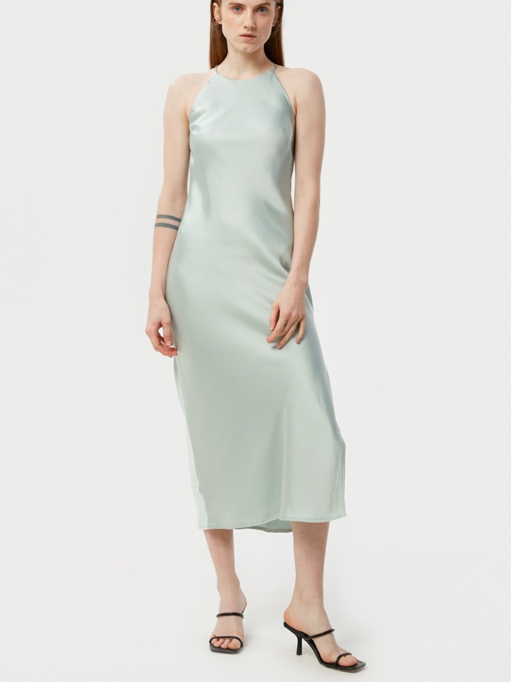 Silky Halter Midi Dress in Sage Green